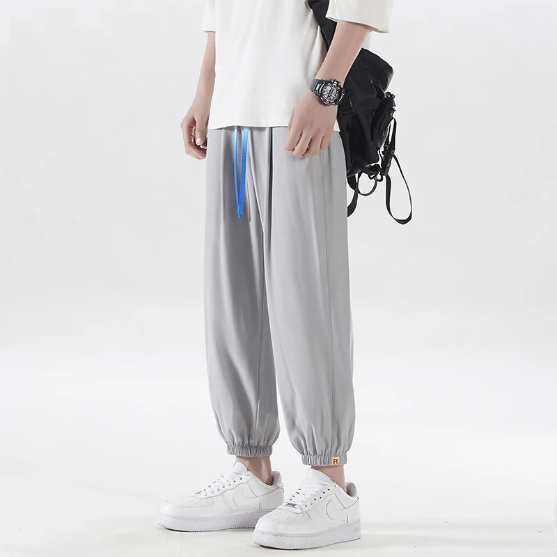 

Ice Silk Legging Sweatpants Mens Summer Thin Section Drawstring Loose Stretch Wide Leg Pants Male Casual Broek Met Negen Kwarten