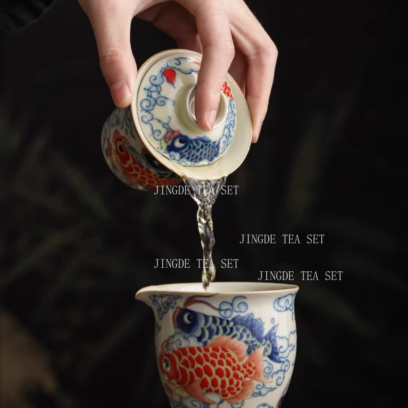 Dragon Fish Triple Talisman Covered Bowl Home-use Chinese Tea Pitcher Single-piece Non-burning Tea Set with Lid Kung Fu