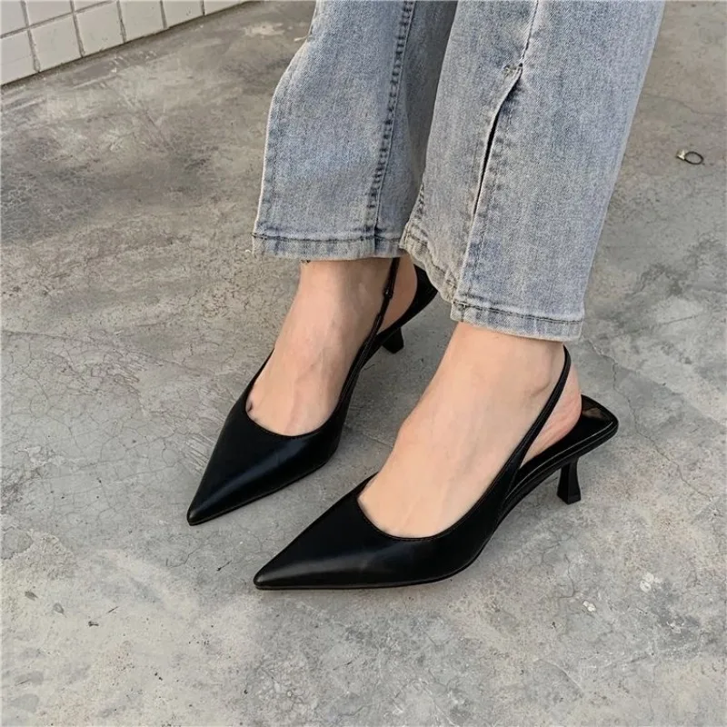 Popular Pointed Toe Women Sandals New Arrivals Black White Silver Summer Dress Shoes Thin High Heels Elastic Band Ladies Pumps