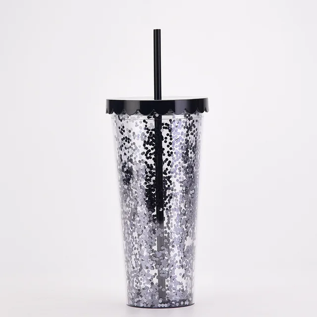 Xinhuadsh 24OZ/710ml Water Cup with Straw Glitter Double Wall Wavy Edge  Straight Tumbler Juice Iced Coffee Cup Daily Use 