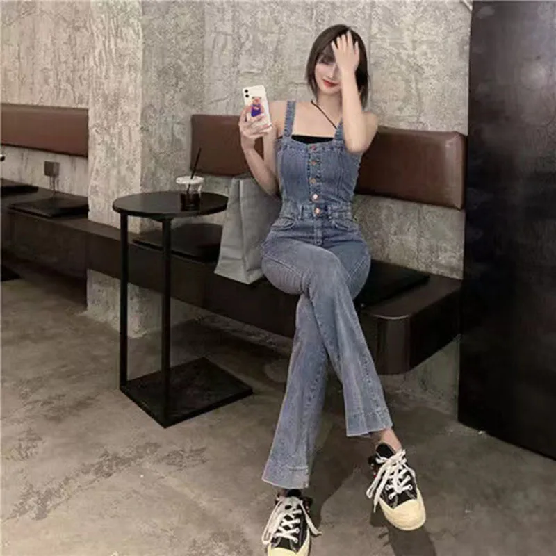 Облегающий джинсовый комбинезон с широкими штанинами, однобортный джинсовый комбинезон на бретелях-спагетти, модные уличные осенние женские брюки