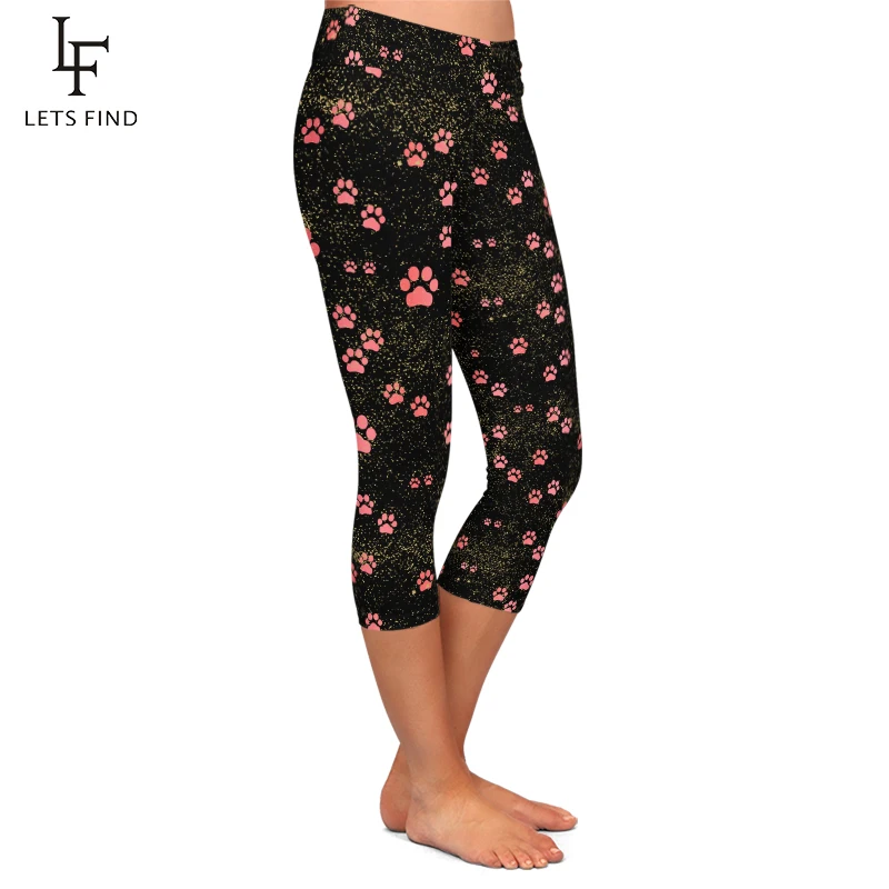 LETSFIND Summer High Waist  Women Capri Leggings 3D Pink Dog Paw Design Fitness Soft Mid-Calf 3/4 Stretch Leggings