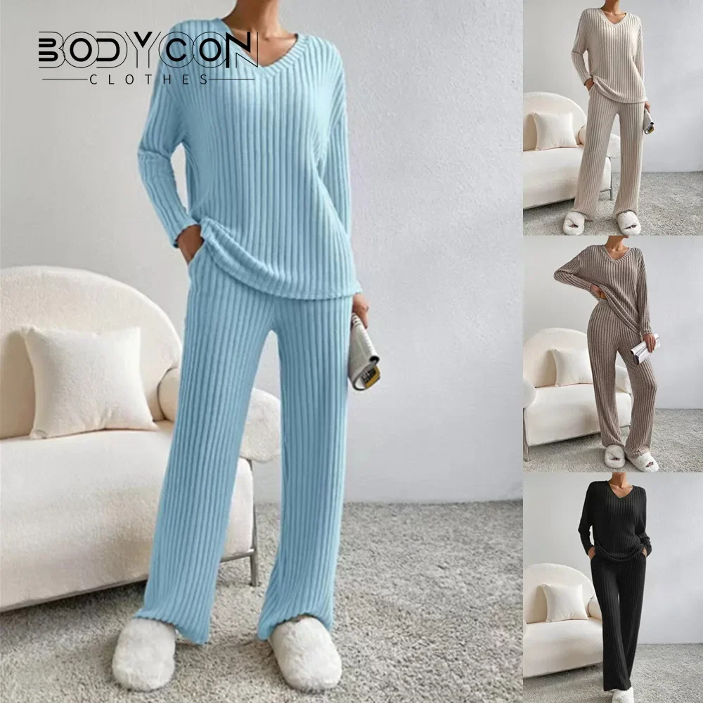 

BODYCON Fashion Knit Ribbed Women's Set Long Sleeve Sweater and Wide LegPants 2023 Street Two 2 Piece Sets Outfit Tracksuit