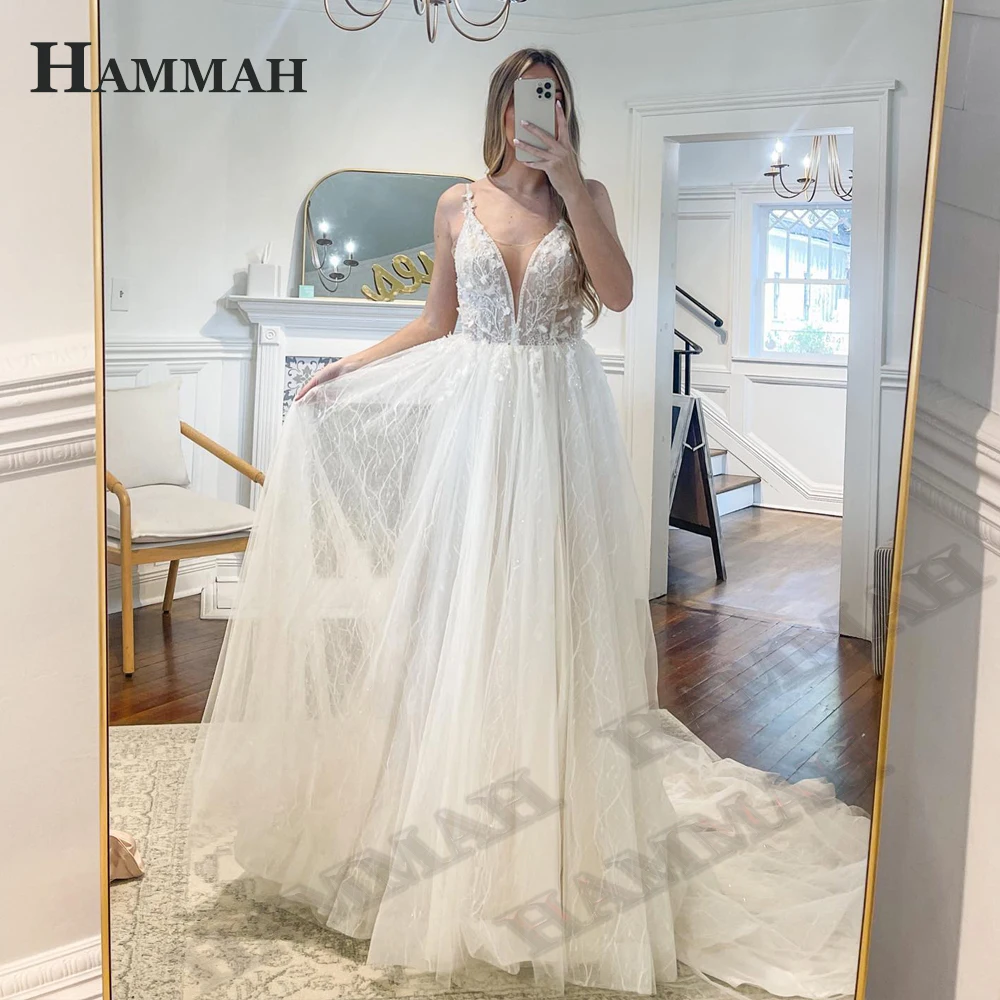 

HAMMAH Spaghetti Strap A Line Wedding Dresses For Mariages Pastrol Lace Appliques Deep V Neck Sleeveless Vestidos De Novia