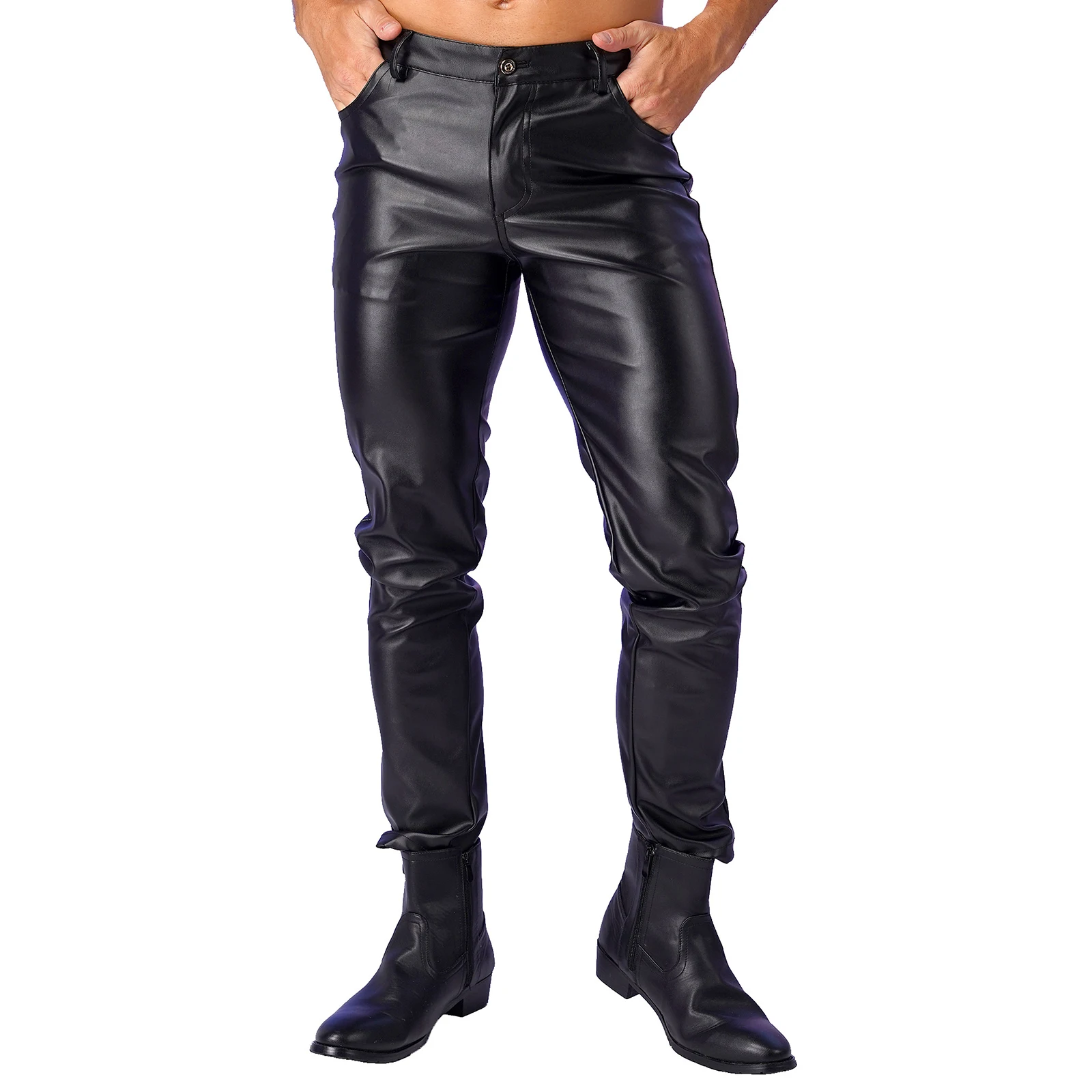 

iEFiEL Men's PU Leather Skinny Pants Faux Leather Pants Punk 80's Rock Leggings Tight Gothic Motorcycle Biker Pants Trousers