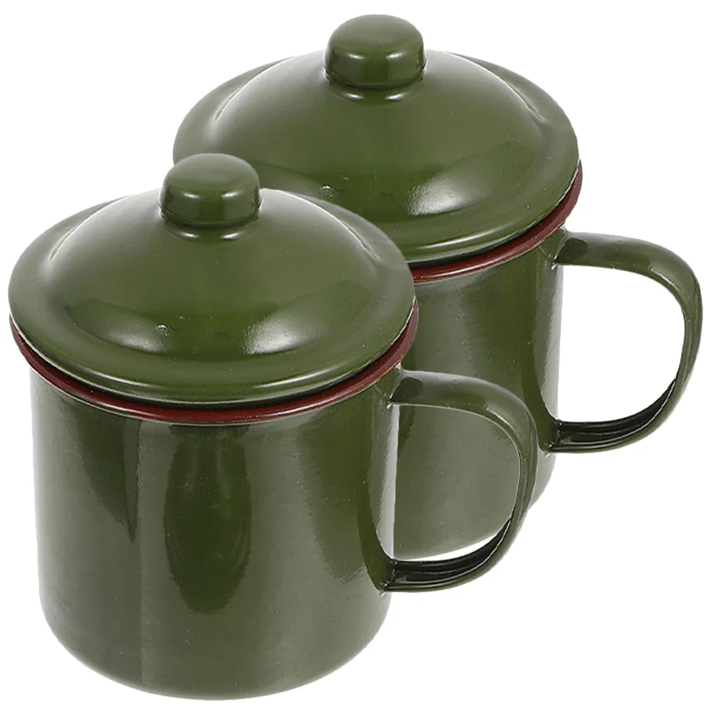 

2Pcs Enamel Water Mugs Juice Cups Camping Coffee Cups with Lid Household Tableware