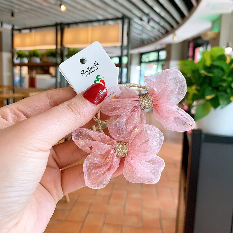 2pcs/pair Candy Color Korean Cute Bows Shiny Star Girls Elastic Hair Bands Lace Rope Pink Hair Accessories for Children Kids