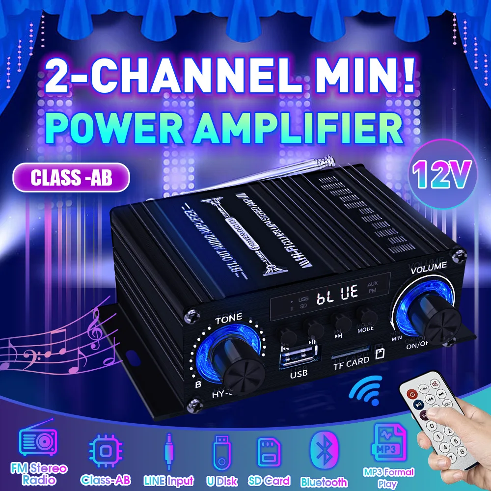 가정용 차량용 디지털 블루투스 앰프, 2 채널 HIFI 사운드 스피커, FM 수신기, 미니 오디오 앰프, 클래스 AB AMP, 12V, 2024 신제품