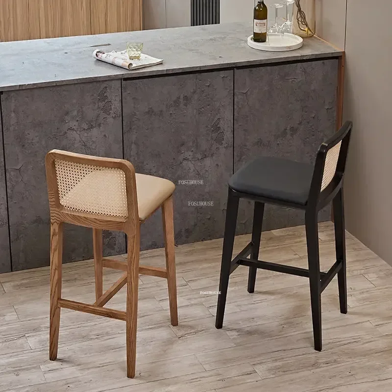 Nordic Simple Retro Bar Furniture Solid Wood Rattan Bar Chairs Creative Front Desk High Stools Nordic Home Backrest Chair R