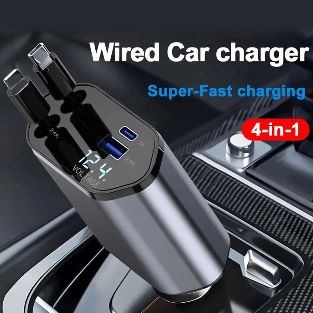 

4 In 1 120W Retractable Car Charger Wired For IPhone Samsung IPad USB C Cable For IP/Type-C Super Fast Charging Adapter E5C6