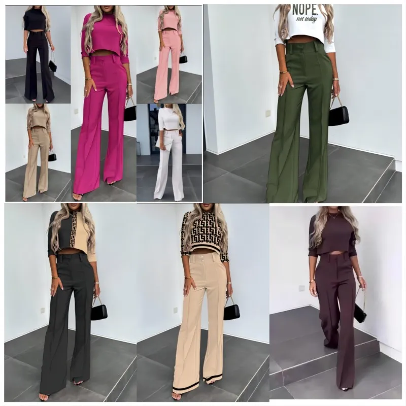 Women Half Sleeve Crop T-shirt & Wide Leg Pants Set Femme Office Lady Plaid Two Pieces Suit Set Long Pants Set Workwear Outfits