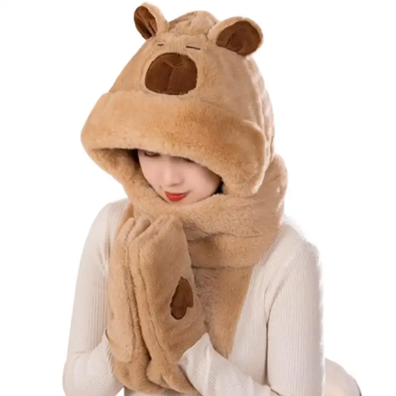 Capybara Hooded Scarf with Gloves Set