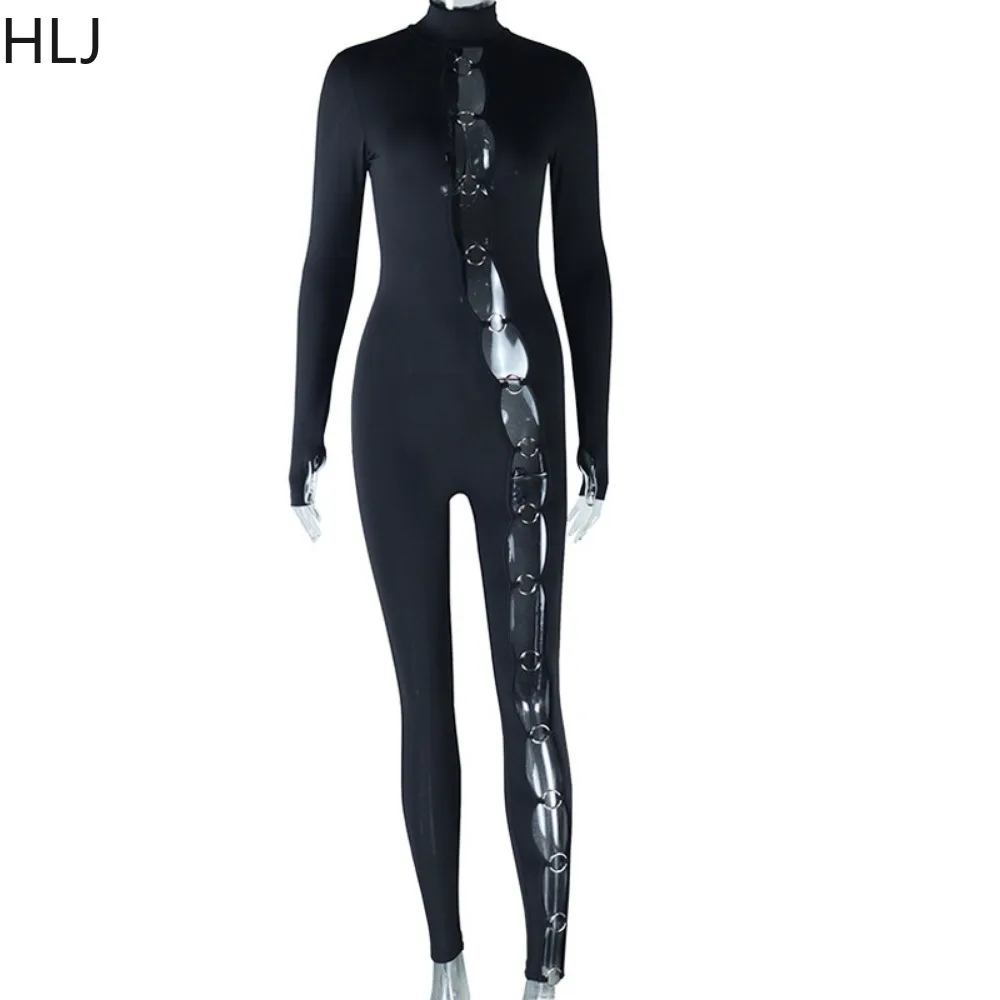 HLJ Black Sexy Hollow Out Bodycon Nigthclub Jumpsuits Women Round Neck Long Sleeve Slim Playsuits Fashion Solid Color Overalls
