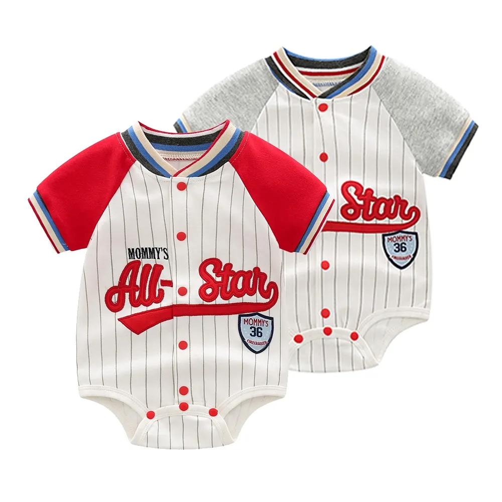 Baby Bodysuit Newborn Infant Color Block Baseball Romper Short Sleeve Stripe Letter Embroidery For Baby Boys Toddler