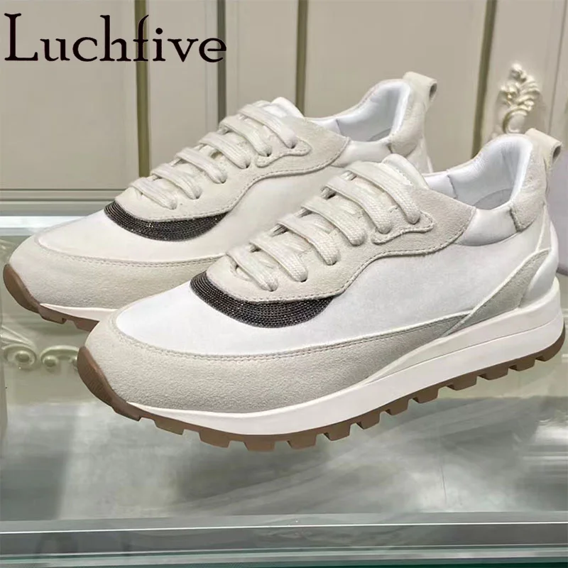 

2023 Luchfive Spring Autumn New Suede Patchwork Flats Round Toe Lace Up Sneakers Shoes Brand Casual Comfortable Walking Shoes