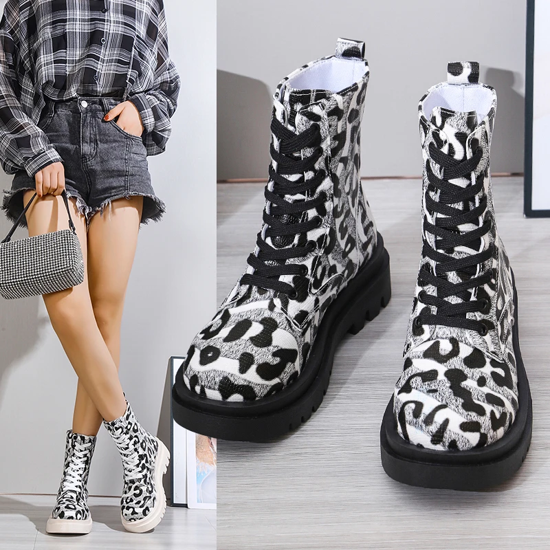 Shoes for Women 2023 Winter Platform Women's Boots High Top Lace Up Motorcycle Boots Trendy Leopard Print Ladies Ankle Boots