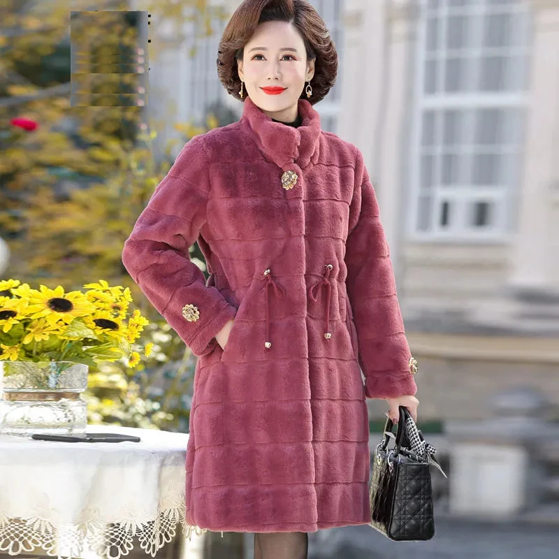 

Mom Winter Soft Rabbit Faux Fur Coat Long Middle-aged Jacket Female Long Coat Loose Outerwear Plush Overcoat