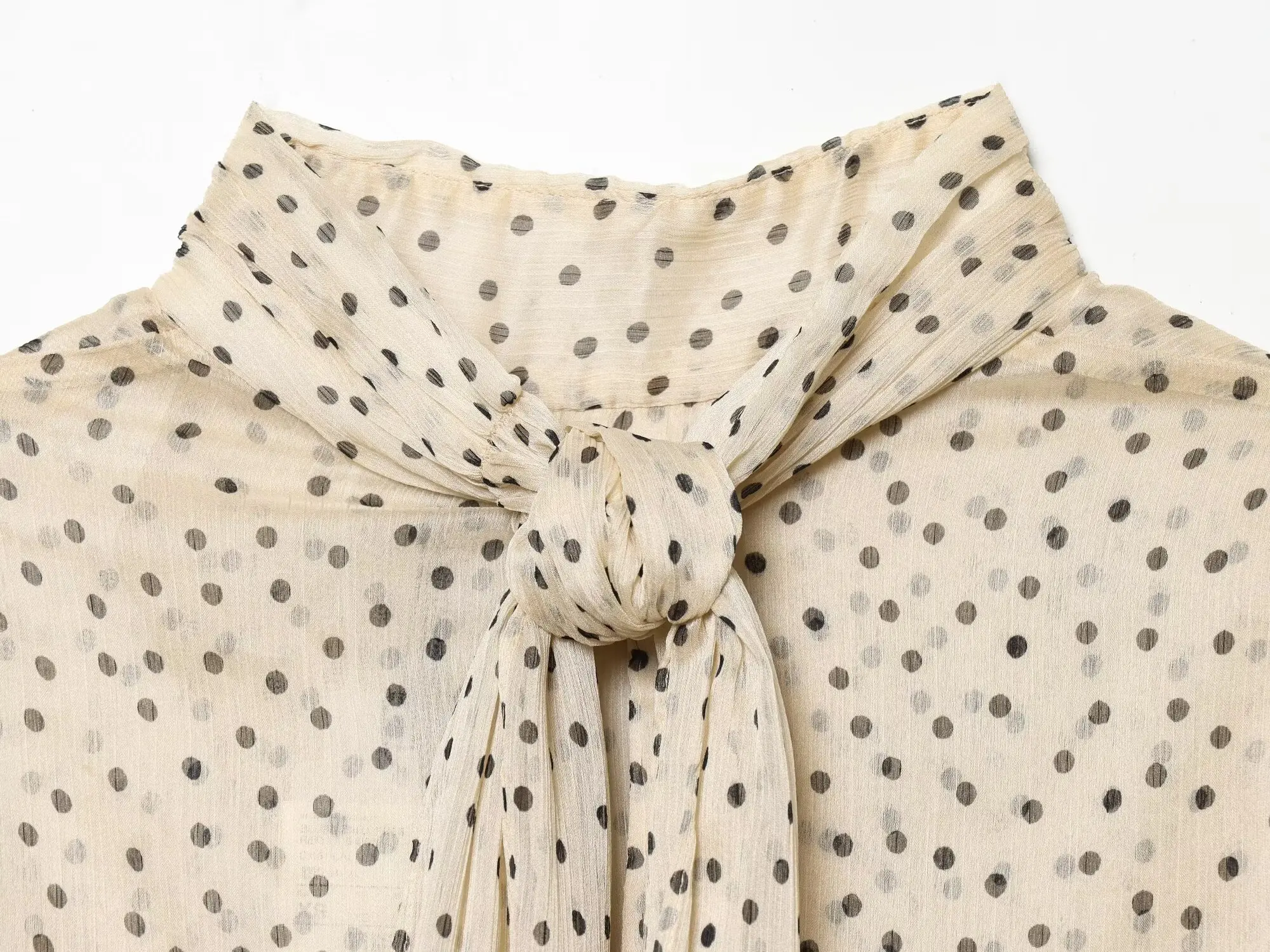 TFAFXY 2026 Spring Polka Dot Printed Women Translucent Blouse Long Sleeve Scarf Collar Loose Shirt Female Casual Top