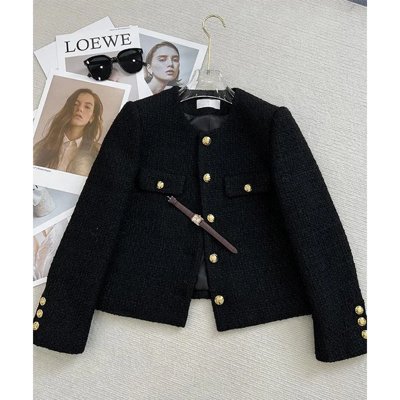 Black Tweed Jackets for Women Fashion Vintage Metal Buckle Design Short Coat Women Korean Elegant Single Breasted Outerwear New 6