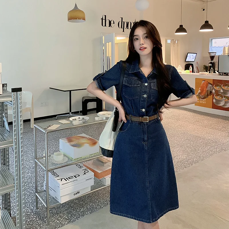 M-4XL Women Denim Dress Vintage Belt Single-Breasted Short M-4XL Women Denim Dress Vintage Belt Single-Breasted Short