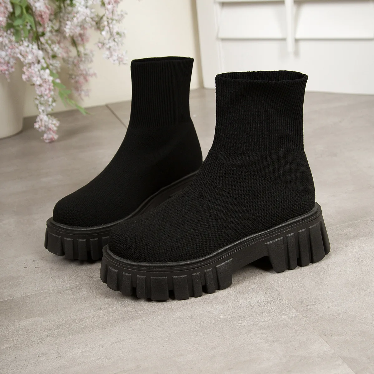 Knit Breathable Ankle Boots Autumn 2025 New Round Toe Sleeve Platform Non-Slip Wear-Resistant Block Heel Booties