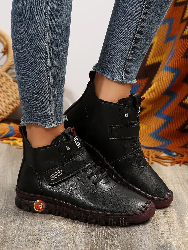 2023 Autumn Winter Women High Top Boots Female Leather Cotton Shoes Soft Sole Comfortable Mom Plush Warm Boots Ladies Furry Boot