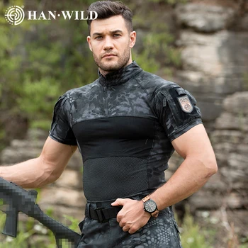 HAN WILD 전술 티셔츠, 전투 셔츠, 남성 의류, 군사 위장 셔츠, 멀티캠 상의, 반팔 육군 하이킹 의류