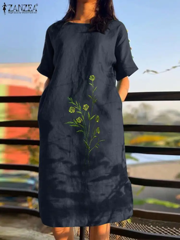 

Винтажное летнее платье ZANZEA, женское платье с коротким рукавом и цветочной вышивкой, женское элегантное платье для работы