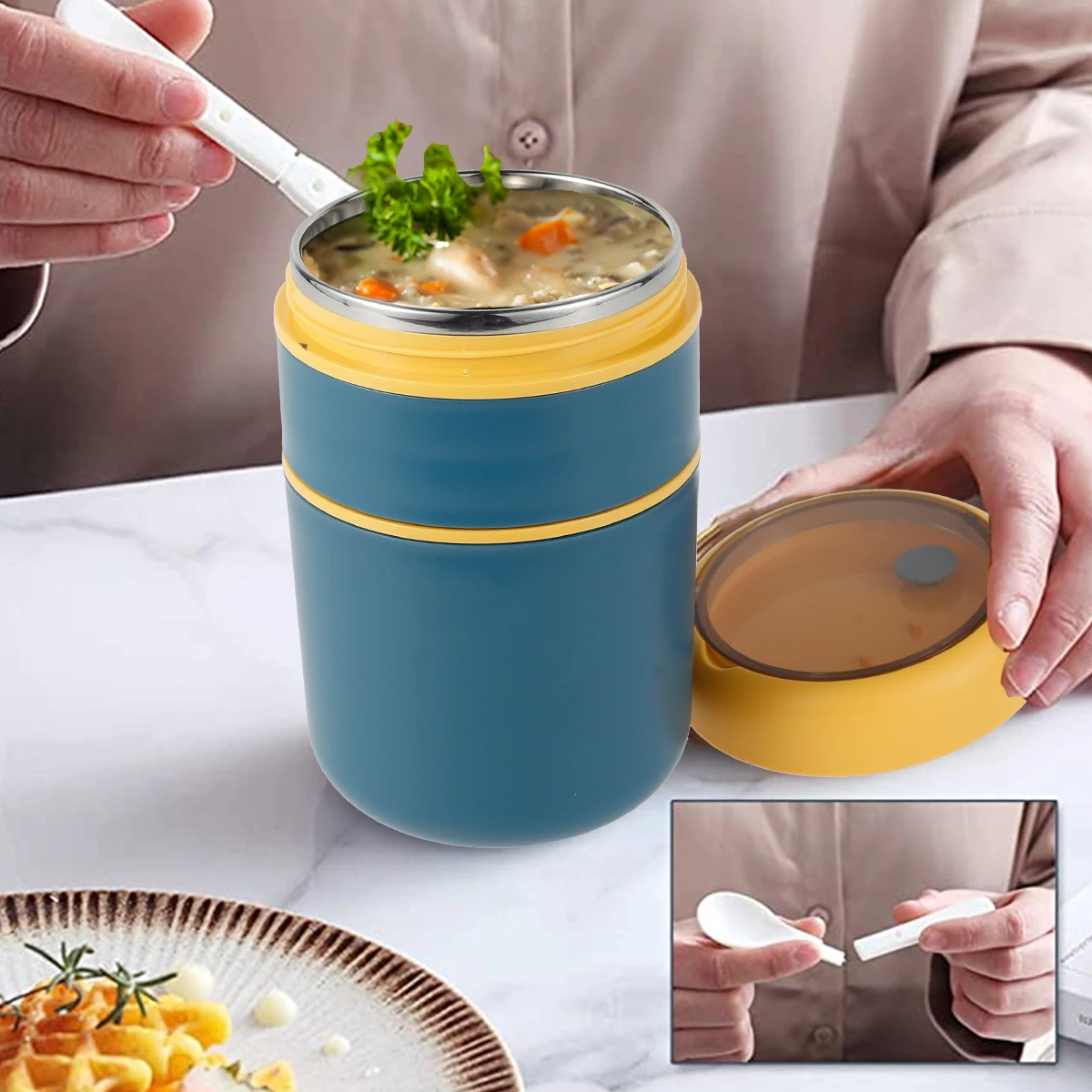 Lunch Box Insulated Food Container Stainless Steel Drinking Cup With Spoon  Soup Portable Lunch Thermoses with Silicone Handle - AliExpress