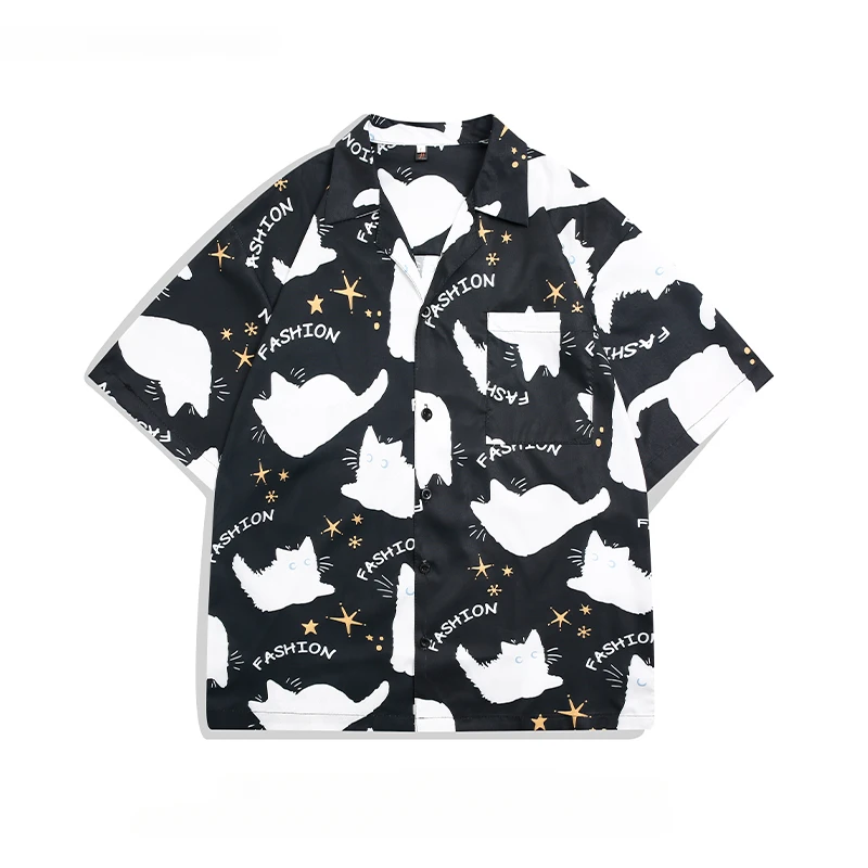 

Men Women Lapel Short-sleeved Cartoon Printed Shirts Trendy Summer High-end European American Casual Loose Handsome Blouse Tops