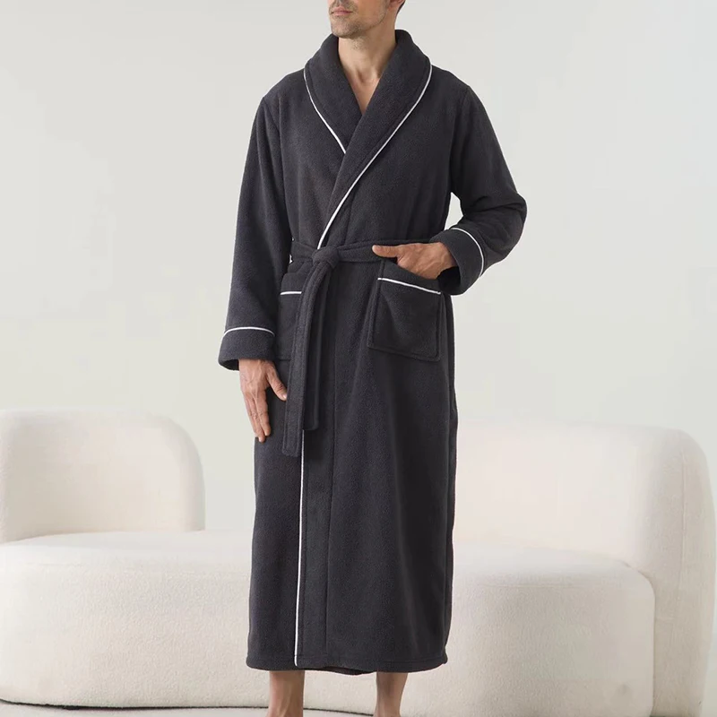 Luxurious Men s Plush Shawl Collar Bathrobe with Cozy Long Sleeves and Belt - Stay Warm and Stylish in this Soft Spa Robe