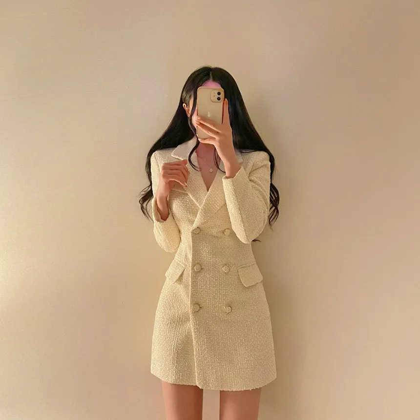 Autumn Winter Elegant Tweed Blazer Dress Double Breasted Slim Short Dresses for Women Korean Fashion Office Lady Coat Dress New