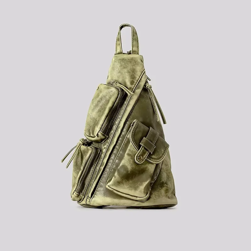 Annmouler Designer Backpacks for Women Soft Washed Letaher Sling Chest Bag Vintage Multi-pockets Punk Style Small Bag 4