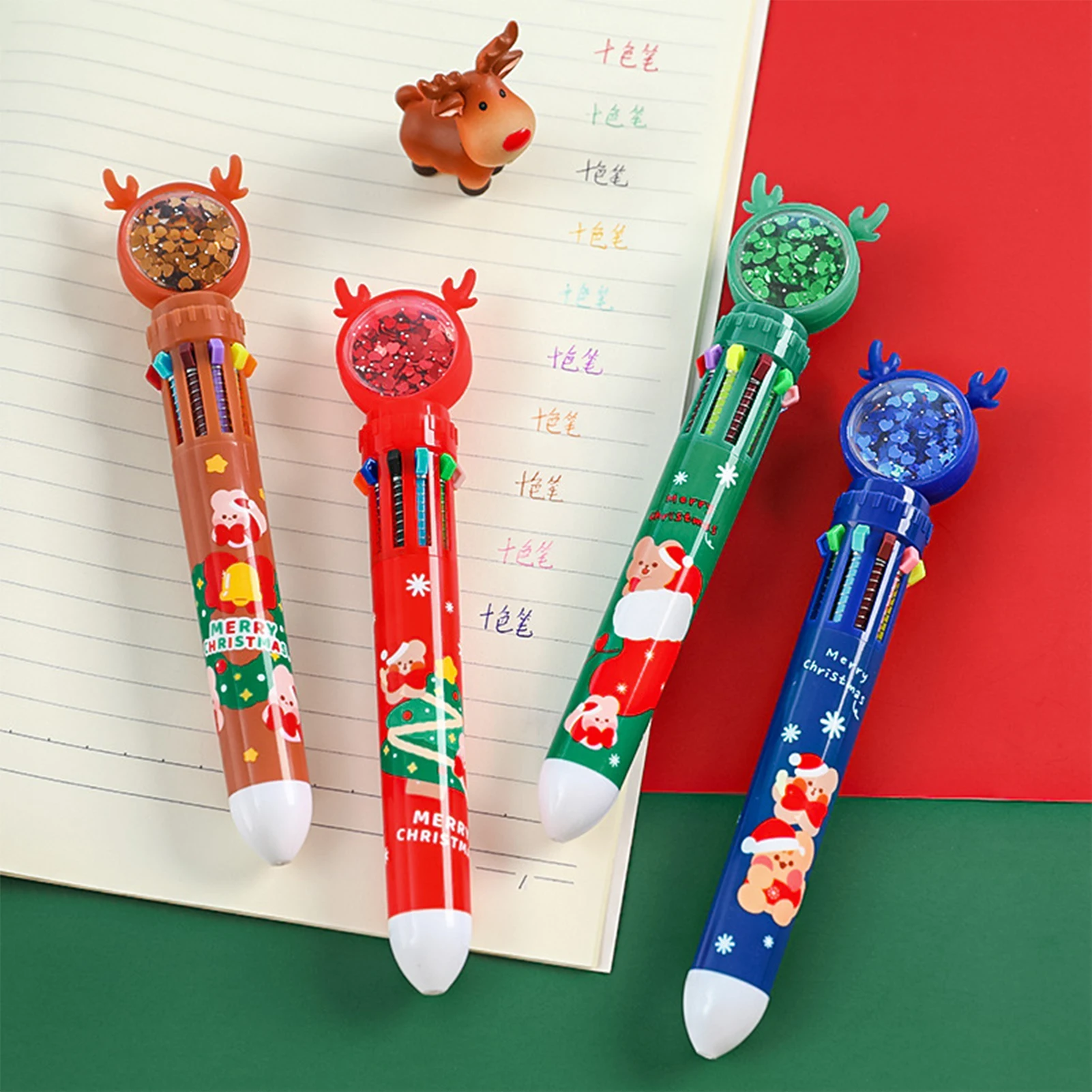 Christmas Cartoon Barrel Ballpoint Pen Durable 10-in-1 Multicolor Pens for Office School Supplies Students