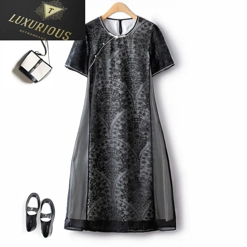 

Женское шифоновое платье средней длины, шифоновое платье с коротким рукавом и кружевом крючком в китайском стиле, лето 2023