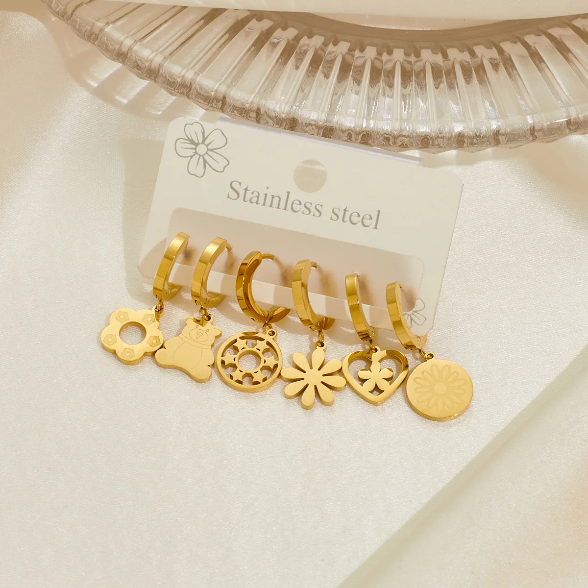 Chic Stylish Trendy Stainless Steel 6 Pieces Set Bear Flowers Earring for Women Cute Exquisite Jewelry Gifts Wholesale 1