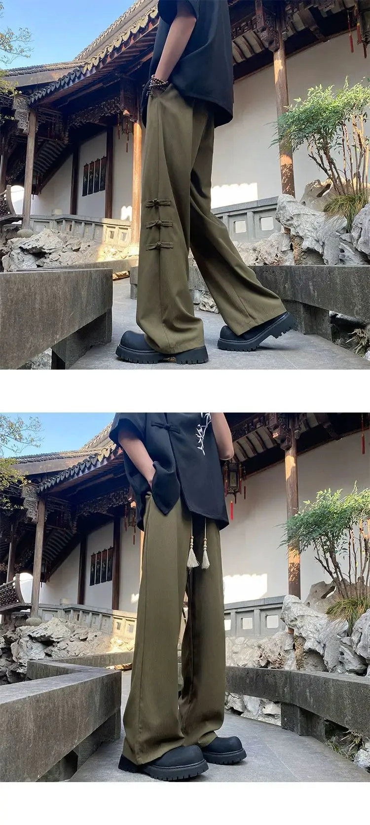 Description Picture 6 of itemChinese Style Knot Button Pants For Men Elastic Waist Drawstring Loose Straight Trousers Summer Fashion Casual Wide Leg Pants