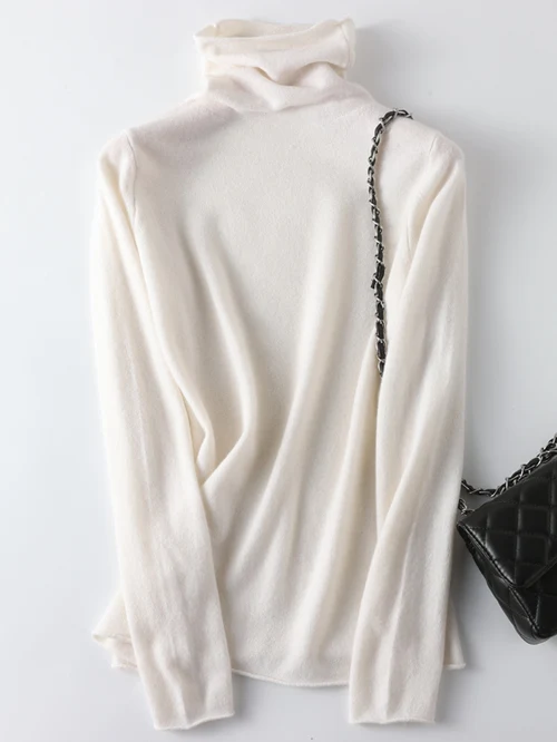 

Women's turtleneck sweater autumn and winter new cashmere knitted sweater rolled hem pile collar woolen sweater base layer