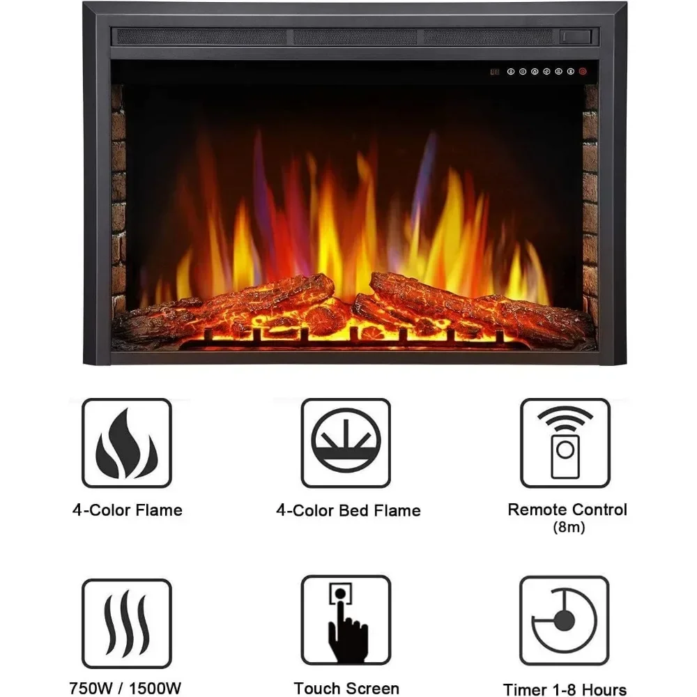 Electric Fireplace Insert, Freestanding & Recessed Electric Stove Heater, LED Adjustable Flame with Burning Fireplace Logs Touch