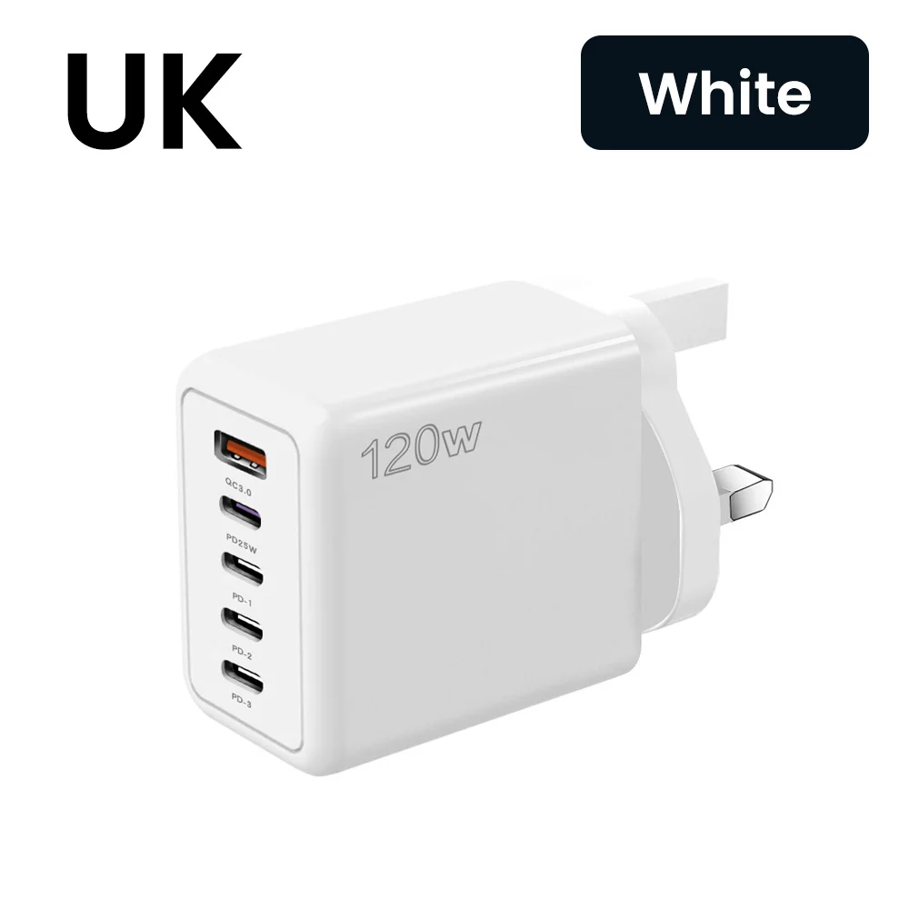 thumbnail image 1 of Cargador de teléfono de carga rápida 4PD+USB de 120 W, 5 puertos tipo C, adaptador de carga rápida para Xiaomi, Huawei y Samsung., 1 of 5