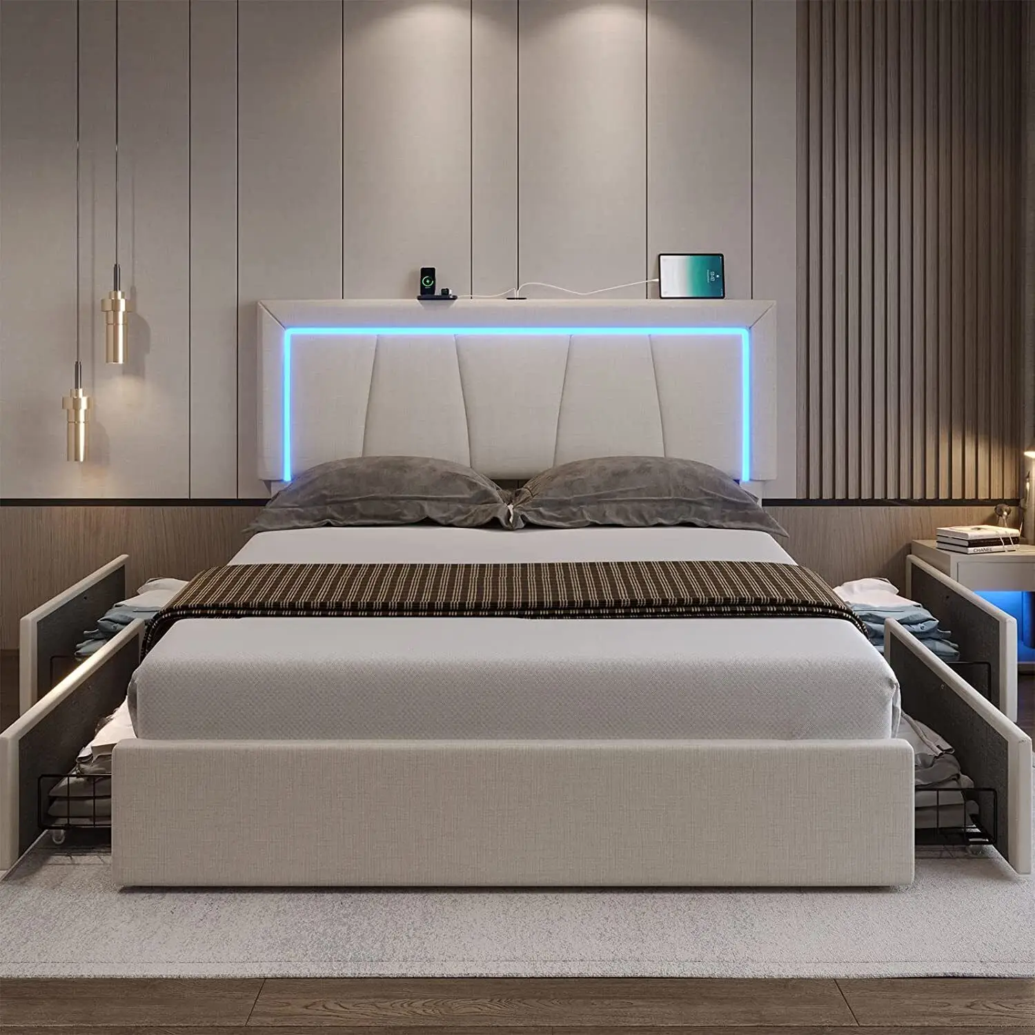 Queen Size LED Bed Frame with 4 Storage Drawers Modern Upholstered Platform Bed