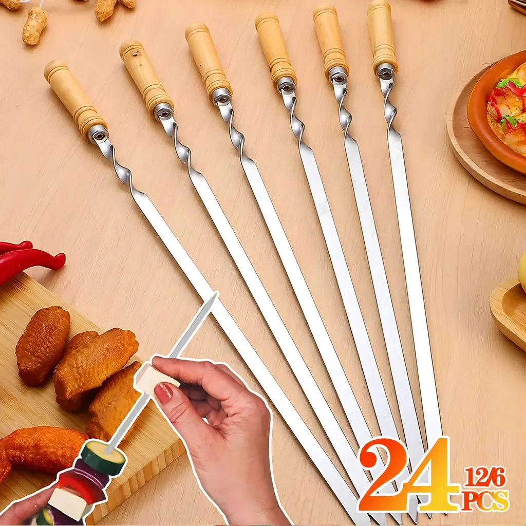 6-24PCS 55cm BBQ Fork BBQ Skewers Long Handle Kebab Barbecue Grill Sticks Reusable Stainless Steel Outdoor Camping Grill Needle