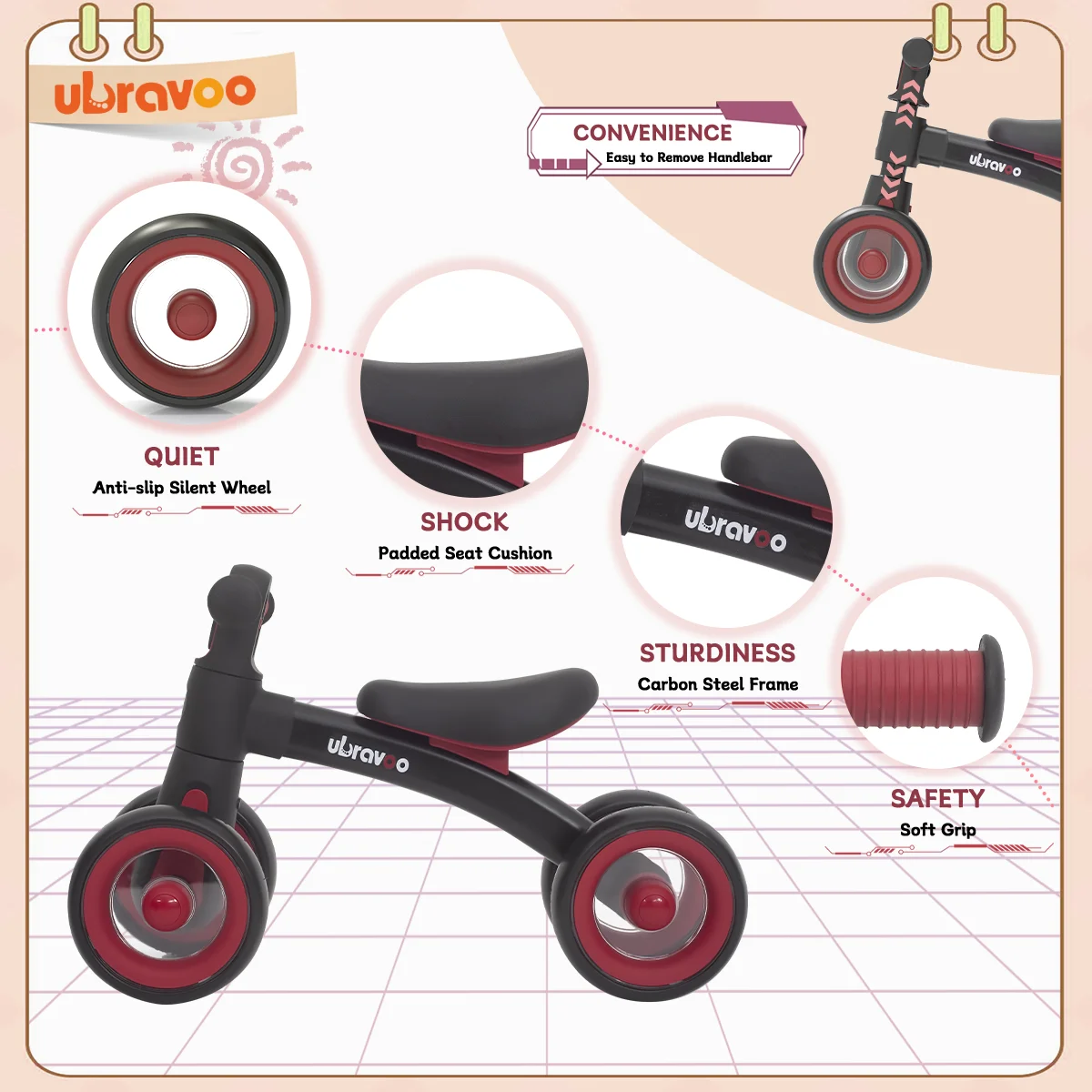 Ubravoo Baby Slide Balance Bike for 12-24 Months,3-Mode Headlight & 4 Transparent Silence Wheels, Riding on Toys Birthday Gifts 3