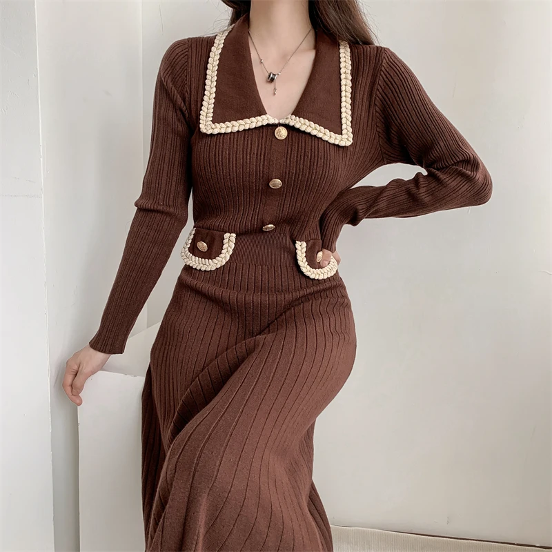 Vestidos de punto de otoño e invierno para mujer, cuello vuelto, moda coreana, corte en A, vestido liso informal, vestidos ajustados para mujer, nuevo