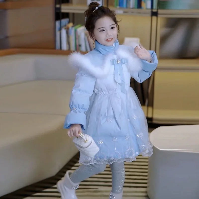 【شتاء ) معطف سميك مبطن بالقطن للفتيات العصري جاكيت شتوي دافئ للأطفال أنيق على طراز الأميرة فستان شتوي متوسط الطول