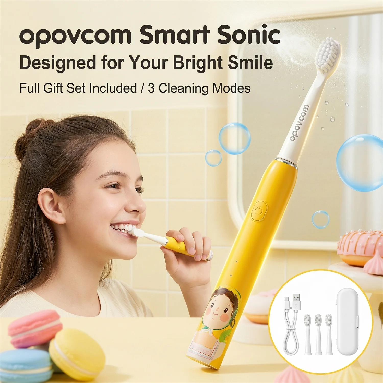 여아용 시리즈 어린이용 소닉 전동 칫솔 IPX7 방수 부드러운 칫솔모 3가지 모드 어린이 여아 구강 관리