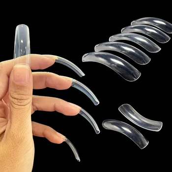 500pcs Full Cover Curve Nail Tips Clear Extra Long Bend Artificial Acrylic Fake Nail 90’s Style Flake Nail Tips for Nail Salon