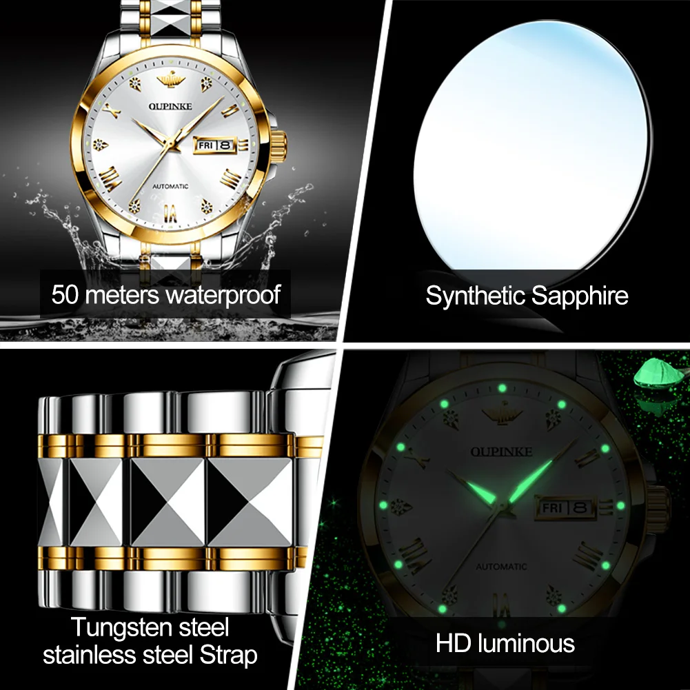 OUPINKE 3171 Business Dress Men's Watch Automatic Mechanical Movement Automatic Date Roman Diamond Dial Man Wristwatch 5
