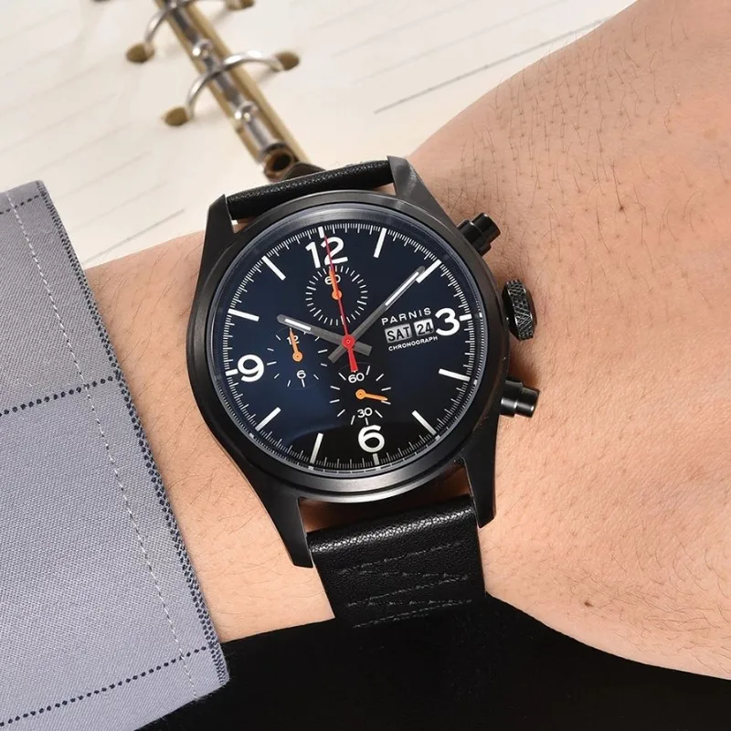 

Parnis 42mm Black /Silver Case Quartz Chronograph Watch Men Leather Strap Week Display Calendar Wristwatch Top Luxury Brand G204
