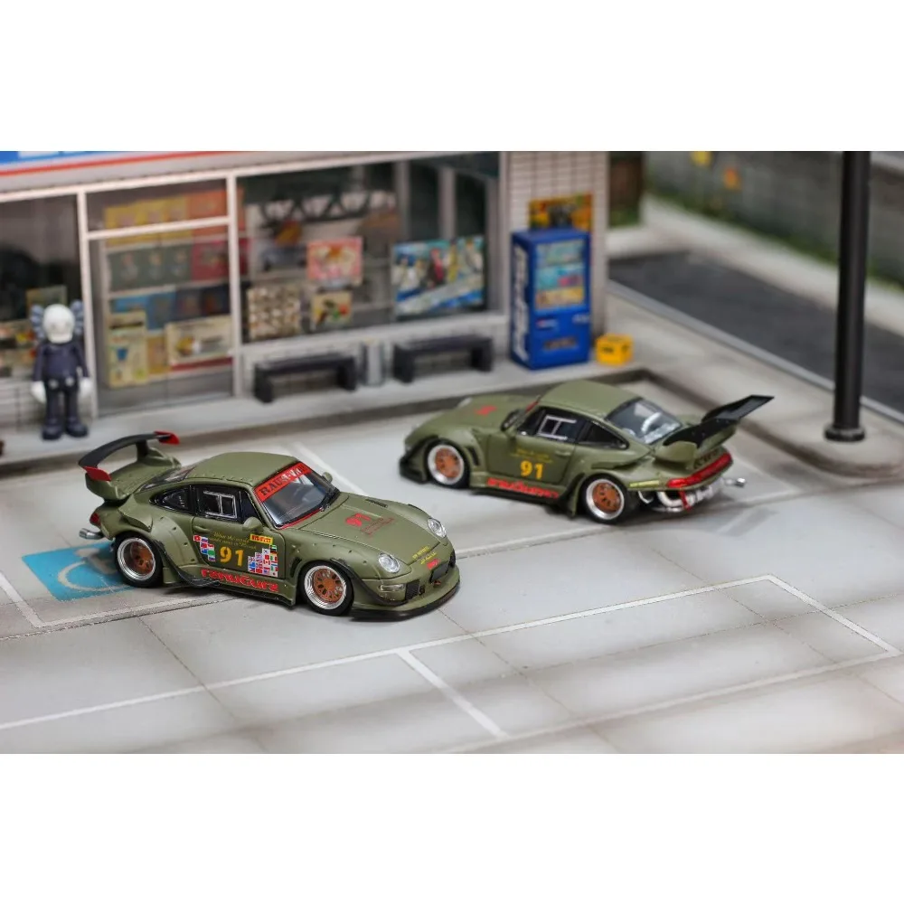 SW 1/64 포르쉐 RWB 993 다이캐스트 모델 매트 그린 No. 91개의 페인트칠된 로우 하이 테일 수집용 장난감